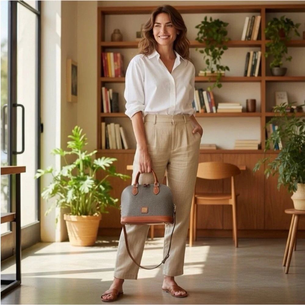 Dooney and Bourke Grey Pebbled Tan Leather Zip Zip Satchel Bag
